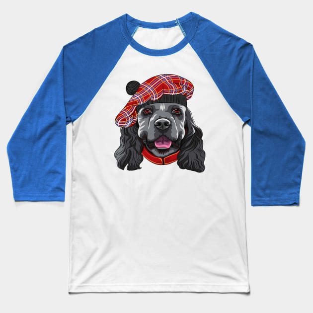 Funny smiling dog American Cocker Spaniel in red Scottish Tam Baseball T-Shirt by amramna